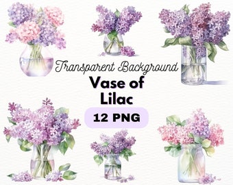 May include: Twelve watercolor illustrations of lilac flowers in glass vases. The flowers are in shades of purple and pink, and the vases are clear glass. The background is transparent.
