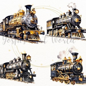 May include: Four vintage-style steam locomotives with gold accents and black and gold paint. The locomotives are on a white background.