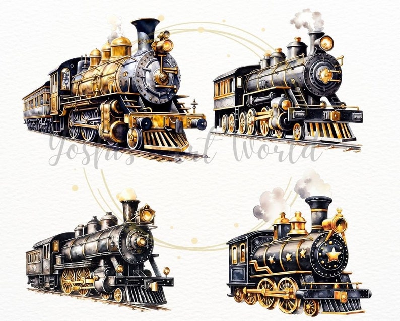 May include: Four vintage-style steam locomotives with gold accents and black and gold paint. The locomotives are on a white background.