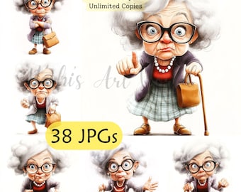 Schattige boze oma - grappige oudere dame - 38 hoge kwaliteit jpg's - kaarten maken, digitale papierkunst - commercieel gebruik - digitale download