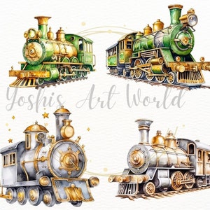 May include: Four vintage watercolor illustrations of steam locomotives. The locomotives are painted in shades of green, gold, and silver. The trains have large wheels, smokestacks, and detailed features. The illustrations are perfect for scrapbooking, card making, and other craft projects.