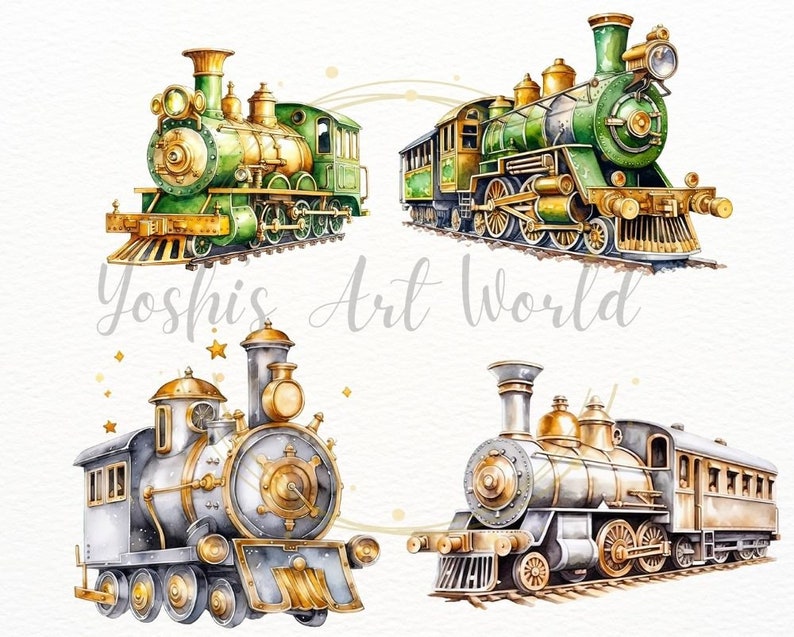 May include: Four vintage watercolor illustrations of steam locomotives. The locomotives are painted in shades of green, gold, and silver. The trains have large wheels, smokestacks, and detailed features. The illustrations are perfect for scrapbooking, card making, and other craft projects.
