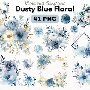 41 Elegant Dusty Blue Watercolor Floral and Wreath Frame PNG Bundle for Digital Crafts and Designs Transparent