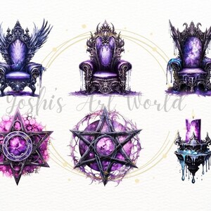 May include: Five watercolor illustrations of gothic-style furniture and decor. The images include a throne with wings, a chair, a pentagram, a candle holder, and a smaller pentagram.