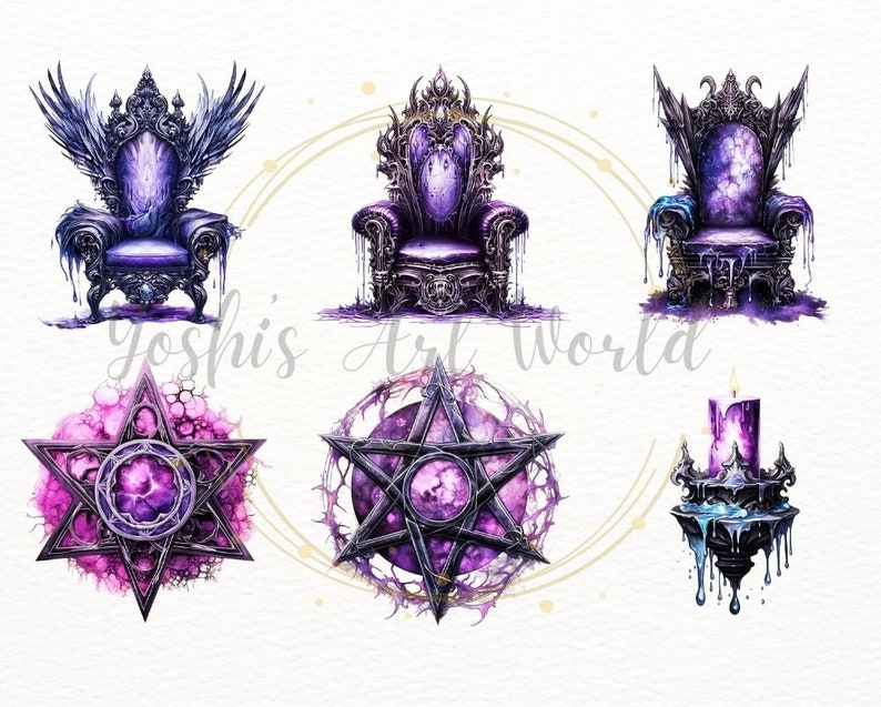 May include: Five watercolor illustrations of gothic-style furniture and decor. The images include a throne with wings, a chair, a pentagram, a candle holder, and a smaller pentagram.