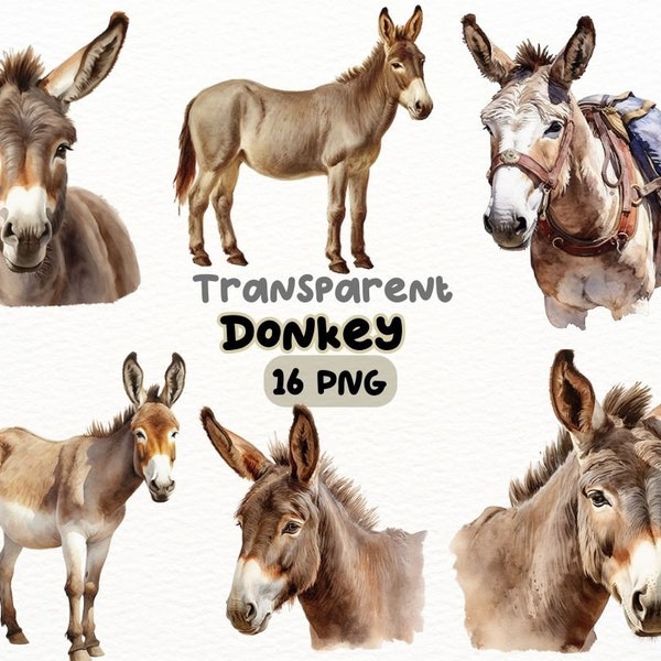 Watercolor Donkey PNG Bundle, Digital Crafts Designs Transparent, Donkey Clipart, Farm Animal Clipart, Commercial Use