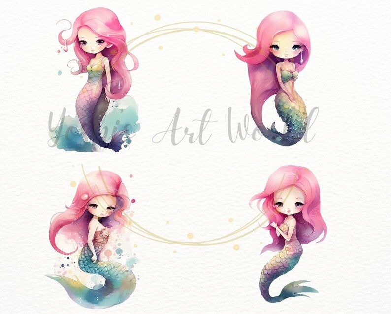 Watercolor Cute Mermaid PNG Bundle Digital Crafts Designs - Etsy