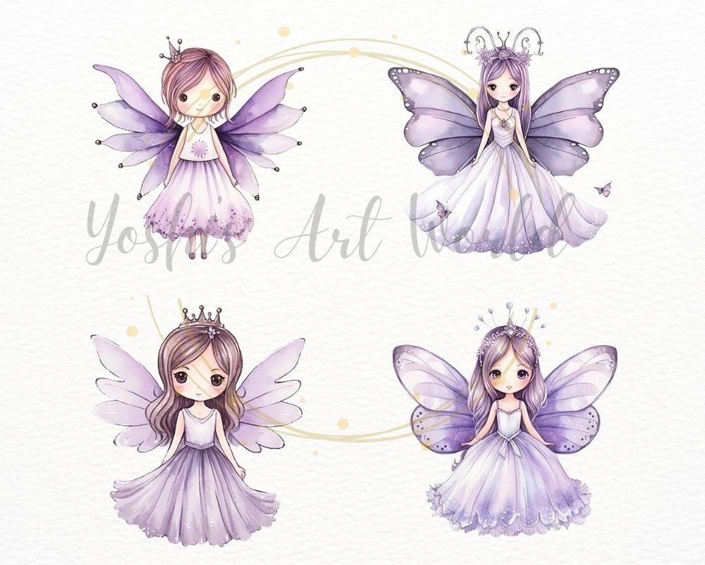 Watercolor Cute Purple Butterfly Fairy Princess PNG Bundle, Digital ...