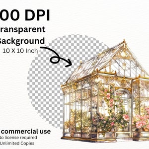 Puede incluir: Una ilustraci&oacute;n de acuarela de un invernadero de vidrio ornamentado y detallado con un marco dorado. El invernadero est&aacute; lleno de exuberantes plantas verdes y flores rosas. El fondo es transparente.