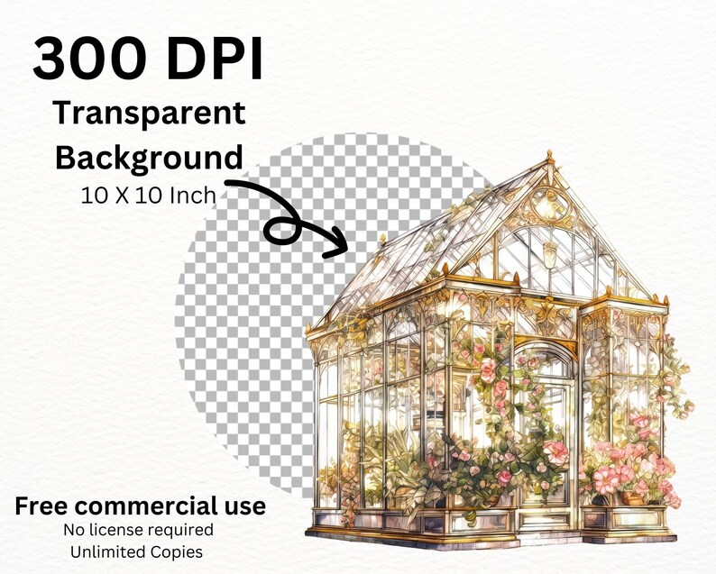 Puede incluir: Una ilustraci&oacute;n de acuarela de un invernadero de vidrio ornamentado y detallado con un marco dorado. El invernadero est&aacute; lleno de exuberantes plantas verdes y flores rosas. El fondo es transparente.