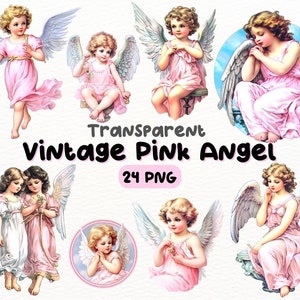 Watercolor Vintage Pink Angel PNG Bundle, Digital Crafts Designs Transparent, Angel Clipart, Heavenly Angel Clipart, Commercial Use