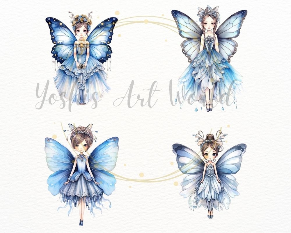 Watercolor Cute Blue Butterfly Fairy Princess PNG Bundle, Digital ...