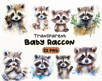 Watercolor Cute Baby Raccoon PNG Bundle, Digital Crafts Designs Transparent, Baby Raccoon Clipart, Cute Raccoon Clipart, Commercial Use