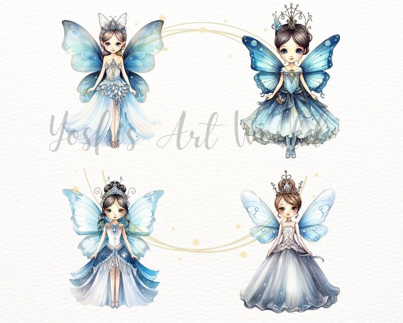 Watercolor Cute Blue Butterfly Fairy Princess PNG Bundle, Digital ...