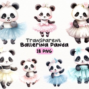 Pacote de PNG de bailarina de aquarela, desenhos de artesanato digital transparentes, clipart adorável de panda dançante, clipart de balé, uso comercial