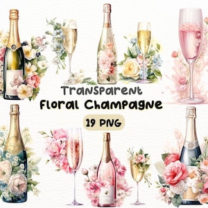 Aquarelle Floral Champagne PNG Bundle, Digital Crafts Designs Transparent, Clipart de boisson festive, Clipart de fête, utilisation commerciale