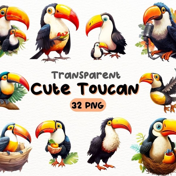 Watercolor Cute Toucan PNG Bundle, Digital Crafts Designs Transparent, Toucan Clipart, Tropical Bird Clipart, Commercial Use