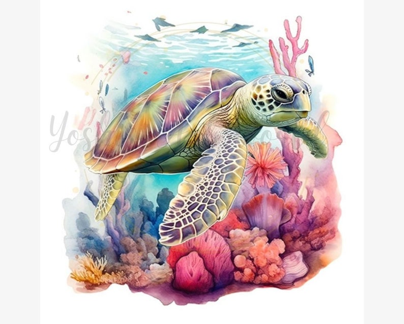 Pu&ograve; includere: Illustrazione ad acquerello di una tartaruga marina che nuota vicino ai coralli. La tartaruga ha un guscio verde e marrone, con un motivo dettagliato. Il corallo &egrave; rosa, rosso e viola, con acqua blu e pesci sullo sfondo.