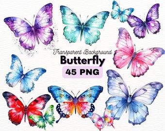May include: A collection of watercolor butterfly illustrations with transparent backgrounds. The butterflies are in various colors, including purple, blue, pink, red, and green.