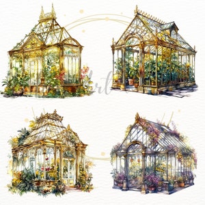Puede incluir: Cuatro ilustraciones de acuarela de invernaderos de vidrio ornamentados con marcos de metal intrincados y vegetaci&oacute;n exuberante en el interior. Los invernaderos est&aacute;n rodeados de un fondo blanco con sutiles lavados de acuarela.