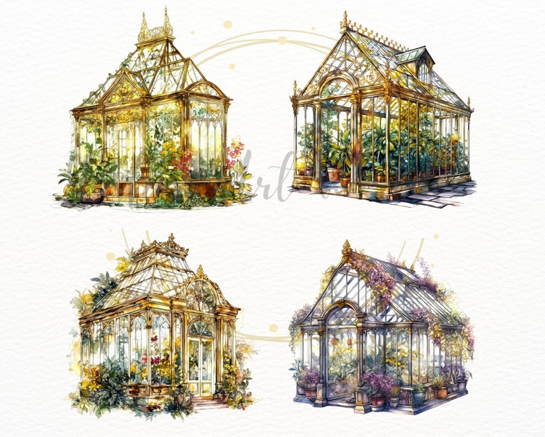 Puede incluir: Cuatro ilustraciones de acuarela de invernaderos de vidrio ornamentados con marcos de metal intrincados y vegetaci&oacute;n exuberante en el interior. Los invernaderos est&aacute;n rodeados de un fondo blanco con sutiles lavados de acuarela.