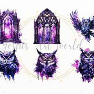 May include: A set of five watercolor illustrations featuring a gothic archway, a stained glass window, and three owls. The illustrations are painted in shades of purple and blue, with a hint of pink.