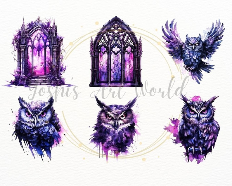 May include: A set of five watercolor illustrations featuring a gothic archway, a stained glass window, and three owls. The illustrations are painted in shades of purple and blue, with a hint of pink.