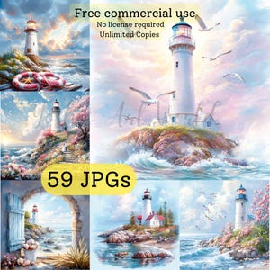 May include: A digital painting of 59 lighthouse images. The lighthouses are white and stand on rocky islands in the ocean. The water is blue and the sky is a soft pink and blue. The text "59 JPGs" is in the center of the image.