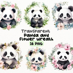 Aquarelle mignon Panda et couronne de fleurs PNG Bundle, Digital Crafts Designs Transparent, Panda Clipart, Clipart Couronne florale, usage Commercial