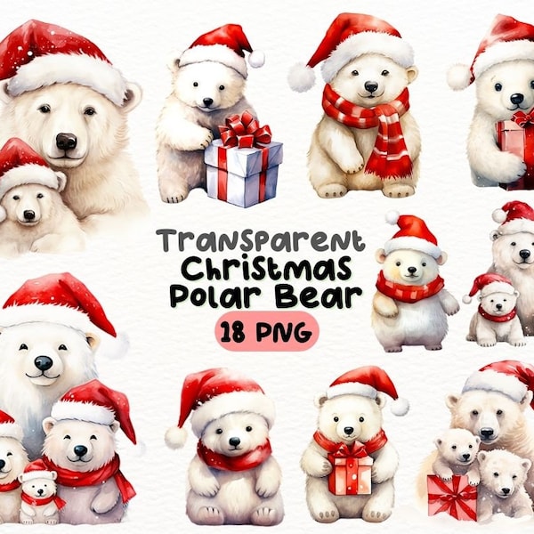 Watercolor Christmas Polar Bear PNG Bundle, Digital Crafts Designs Transparent, Festive Holiday Bear Clipart, Winter Clipart, Commercial Use