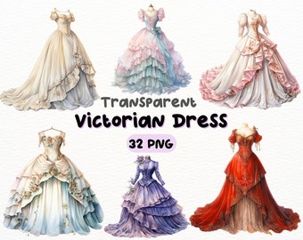 Watercolor Victorian Dress PNG Bundle, Digital Crafts Designs Transparent, Vintage Dress Clipart, Period Costume Clipart, Commercial Use