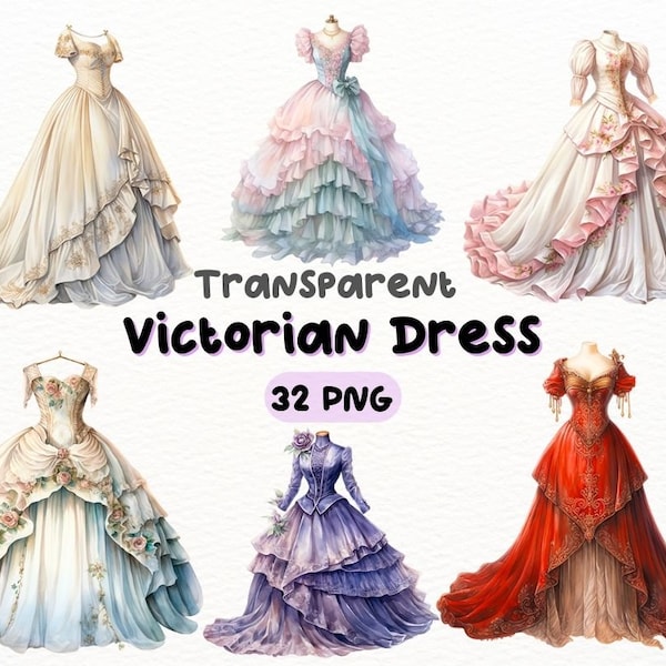 Watercolor Victorian Dress PNG Bundle, Digital Crafts Designs Transparent, Vintage Dress Clipart, Period Costume Clipart, Commercial Use