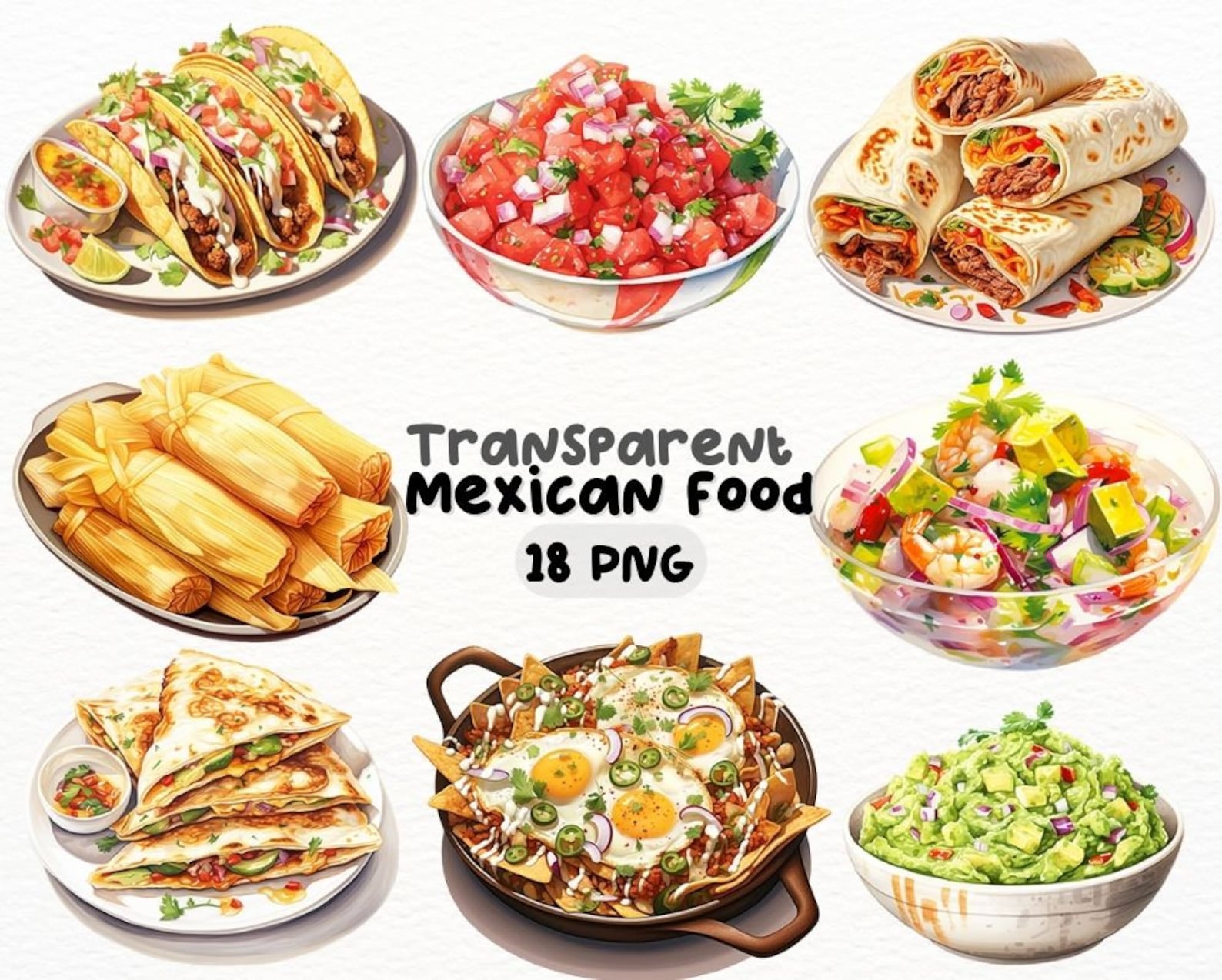 Watercolor Mexican Food PNG Bundle, Digital Crafts Designs Transparent ...
