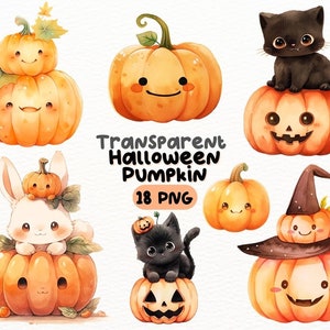 Watercolor Cute Halloween Pumpkin PNG Bundle, Digital Crafts Designs Transparent, Pumpkin Clipart, Halloween Clipart, Commercial Use