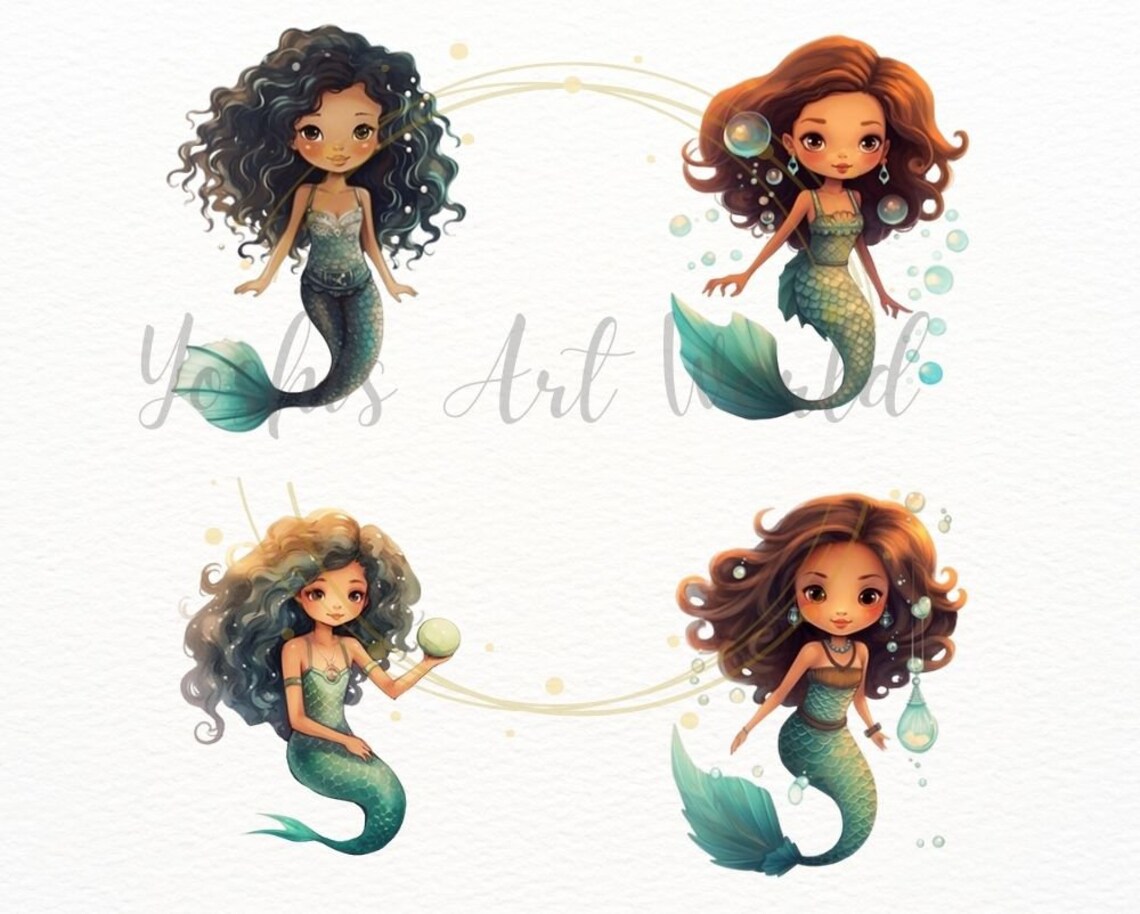 Watercolor Cute Black Mermaid PNG Bundle, Digital Crafts Designs ...