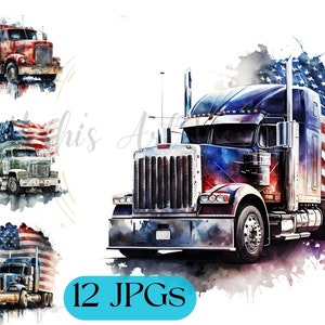 Semi Patriotic Truck Clipart - 12 High Quality JPGs - Card Making, Mixed Media, Digital Paper Craft - Commercial Use - Digital Download