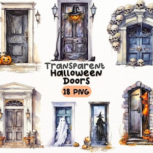 Watercolor Halloween Doors PNG Bundle, Digital Crafts Designs Transparent, Spooky Door Clipart, Halloween Clipart, Commercial Use