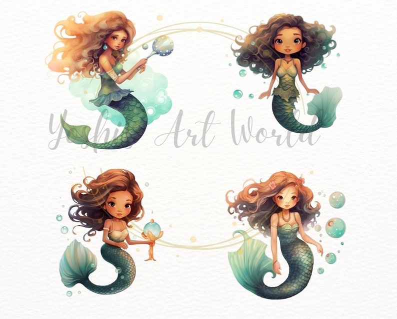 Watercolor Cute Black Mermaid PNG Bundle, Digital Crafts Designs ...