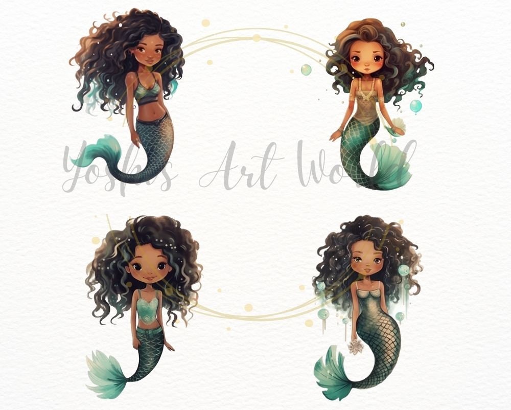 Watercolor Cute Black Mermaid PNG Bundle, Digital Crafts Designs ...