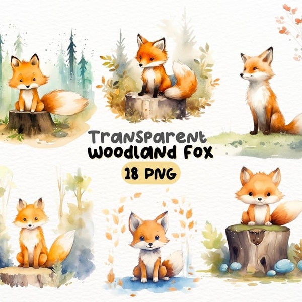 Watercolor Cute Woodland Fox PNG Bundle, Digital Crafts Designs Transparent, Adorable Fox Clipart, Woodland Animal Clipart, Commercial Use