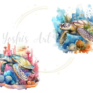 Pu&ograve; includere: Dipinti ad acquerello di tartarughe marine che nuotano in un vivace ambiente sottomarino. L'opera presenta colorate barriere coralline, piante acquatiche e pesci. Il nome dell'artista, Yoshi's Art, &egrave; scritto in corsivo.