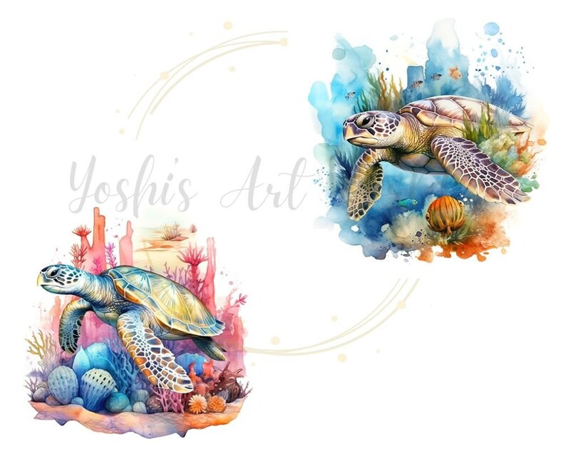 Pu&ograve; includere: Dipinti ad acquerello di tartarughe marine che nuotano in un vivace ambiente sottomarino. L'opera presenta colorate barriere coralline, piante acquatiche e pesci. Il nome dell'artista, Yoshi's Art, &egrave; scritto in corsivo.