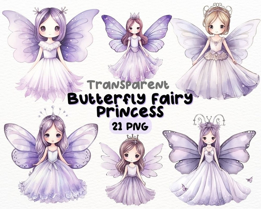 Watercolor Cute Purple Butterfly Fairy Princess PNG Bundle, Digital ...
