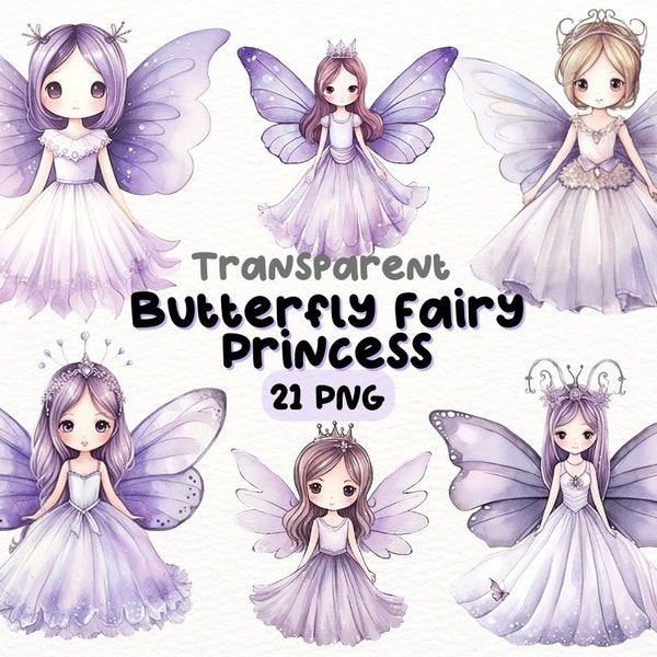 Watercolor Cute Purple Butterfly Fairy Princess PNG Bundle, Digital Crafts Designs Transparent, Lavender Fairy Clipart, Commercial Use