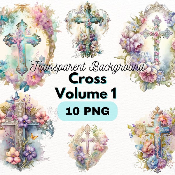 Watercolor floral cross PNG Bundle, Volume 1, Digital Crafts Designs Transparent, Religious Clip art, Church Clipart, Commercial Use