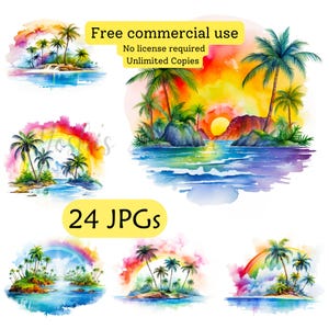 Aquarel tropisch eiland clipart - 24 hoge kwaliteit jpg's - scrapbooking, ambachten, digitaal ontwerp - commercieel gebruik - digitale download