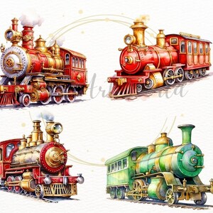 May include: Four vintage-style toy train engines in various colors, including red, green, and gold. The trains have detailed features like wheels, smokestacks, and windows.