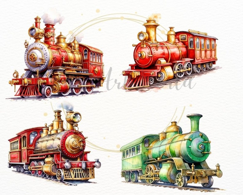 May include: Four vintage-style toy train engines in various colors, including red, green, and gold. The trains have detailed features like wheels, smokestacks, and windows.