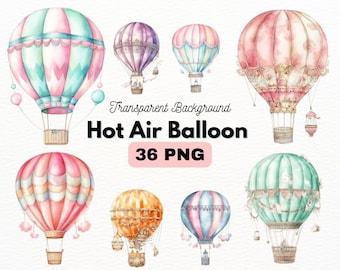 Watercolor Pastel Cute Hot Air Balloon Bundle, Digital Crafts Designs Transparent, Hot Air Balloons Clipart, Balloons PNG, Commercial Use