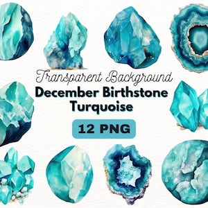 Akwarela Grudzień Birthstone Turquoise PNG Bundle, Cyfrowe Projekty Rzemiosła Przezroczyste, Teal Crystal Clipart, Komercyjne Wykorzystanie